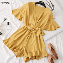 Load image into Gallery viewer, Rompers Women Solid V-neck Lace-up Bow Ruffles Simple Elegant High Quality Leisure Casual Summer Playsuits Womens Fashion Trendy