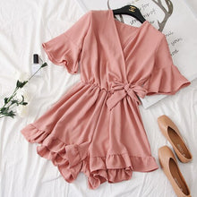 Load image into Gallery viewer, Rompers Women Solid V-neck Lace-up Bow Ruffles Simple Elegant High Quality Leisure Casual Summer Playsuits Womens Fashion Trendy