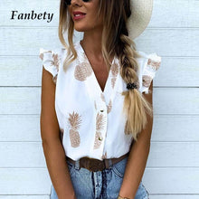Load image into Gallery viewer, Fanbety Women Elegant Vacation Leisure blouse Top Female Girls V neck Sweet Shirt Pineapple Print Flutter Sleeve Blouse shirts