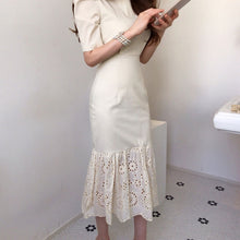 Load image into Gallery viewer, Elegant Women Short sleeve Dresses 2020 Summer Round neck Korean Slim Waist Hem Lace Stitching Fishtail Dress Long Ladies BW389
