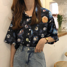 Load image into Gallery viewer, Retro Cartoon Planet Printed Shirt Women Summer 2020 Short-sleeved Lapel Women's Shirt Loose Tops And Blouse Women Beach Shirt