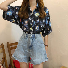 Load image into Gallery viewer, Retro Cartoon Planet Printed Shirt Women Summer 2020 Short-sleeved Lapel Women's Shirt Loose Tops And Blouse Women Beach Shirt