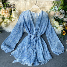 Load image into Gallery viewer, Summer Chiffon Playsuit New 2020 Fashion Women Sexy V-neck With Belt Floral Print Shorts Romper Ladies Beach Pleated Jumpsuit
