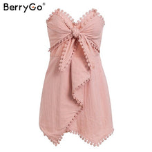 Load image into Gallery viewer, BerryGo Sexy strapless cross tie women playsuit Embroidery pink cotton linen jumpsuit Summer party fashion female overall romper
