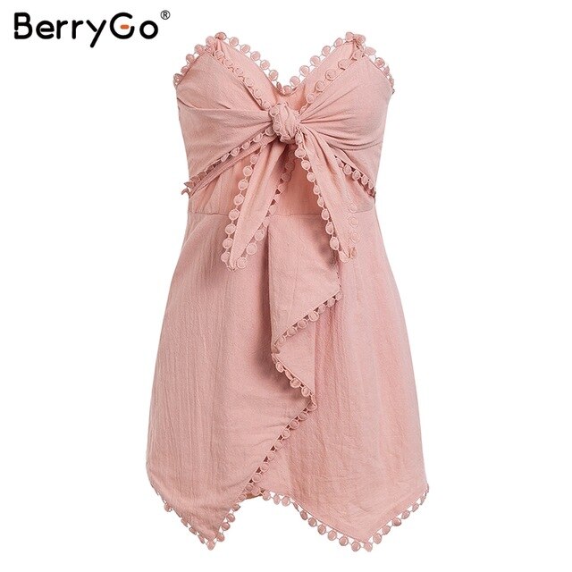 BerryGo Sexy strapless cross tie women playsuit Embroidery pink cotton linen jumpsuit Summer party fashion female overall romper