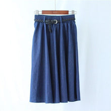 Load image into Gallery viewer, ROPALIA Summer Women Denim Jeans Skirts A line Casual Belt Skirt High Elastic Waist Streetwear Midi Pleated Female Clothing
