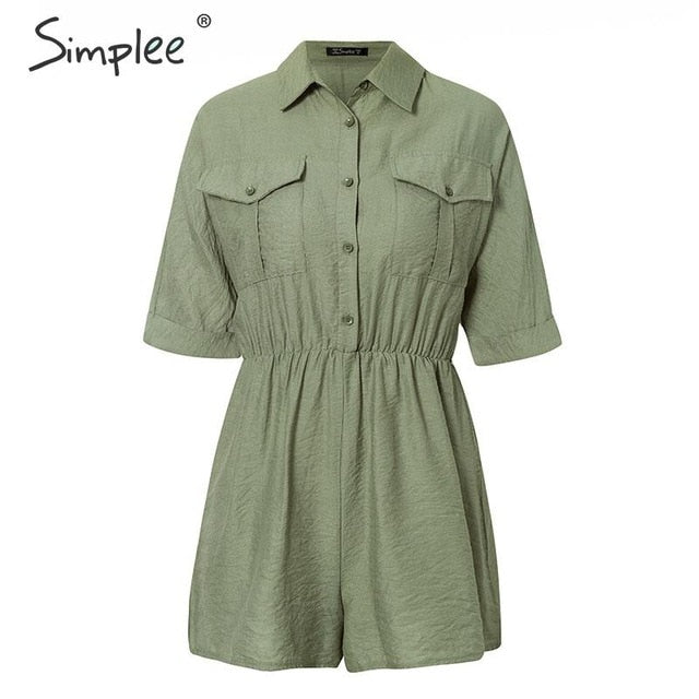 Simplee Fashion flower embroidery women playsuits Casual sash belt female cargo jumpsuit Buttons pockets office ladies overalls