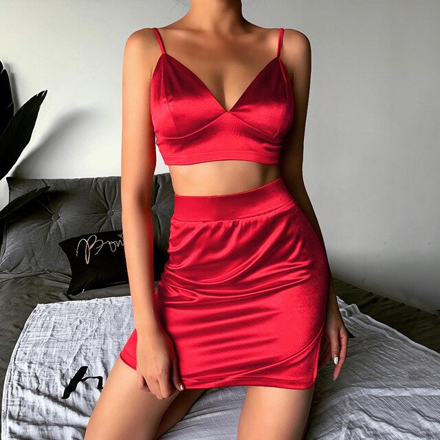 Articat Sexy Satin Two Pcs Sets Dress Women Spaghetti Strap  Crop Top Pencil Mini Skirt Suit Female 2020 Club Party Clothing