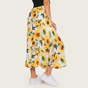 2020 High Waist Women Summer Boho Maxi Skirt Saia Elastic Waist Women A-Line Floral Print Long Skirt Yellow Faldas Jupe Femme