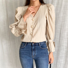 Load image into Gallery viewer, HziriP Casual High Waist Pleated Pearls 2020 Sweet Solid V-Neck Puff Sleeves Tops Brief Shirts Woman Fashion All Match Blouses
