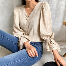 Load image into Gallery viewer, HziriP Casual High Waist Pleated Pearls 2020 Sweet Solid V-Neck Puff Sleeves Tops Brief Shirts Woman Fashion All Match Blouses
