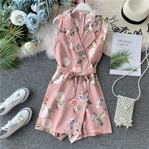 2020 New Fashion Bohemian Playsuit Women Floral Printed Rompers Summer Sleeveless V-neck Shorts Ropa Mujer Ladies Belt Overalls