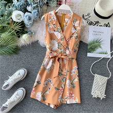 Load image into Gallery viewer, 2020 New Fashion Bohemian Playsuit Women Floral Printed Rompers Summer Sleeveless V-neck Shorts Ropa Mujer Ladies Belt Overalls
