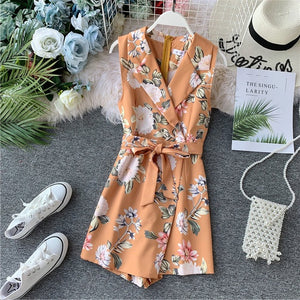 2020 New Fashion Bohemian Playsuit Women Floral Printed Rompers Summer Sleeveless V-neck Shorts Ropa Mujer Ladies Belt Overalls