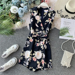 2020 New Fashion Bohemian Playsuit Women Floral Printed Rompers Summer Sleeveless V-neck Shorts Ropa Mujer Ladies Belt Overalls
