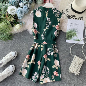 2020 New Fashion Bohemian Playsuit Women Floral Printed Rompers Summer Sleeveless V-neck Shorts Ropa Mujer Ladies Belt Overalls