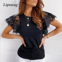 Load image into Gallery viewer, Fashion Sexy Embroidery Lace Short Sleeve Shirt Spring Summer O-Neck Blouse Shirts Solid Casual Women Tops Blusa Streetwear 5XL
