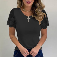Load image into Gallery viewer, Fashion Sexy Embroidery Lace Short Sleeve Shirt Spring Summer O-Neck Blouse Shirts Solid Casual Women Tops Blusa Streetwear 5XL
