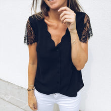 Load image into Gallery viewer, Fashion Sexy Embroidery Lace Short Sleeve Shirt Spring Summer O-Neck Blouse Shirts Solid Casual Women Tops Blusa Streetwear 5XL
