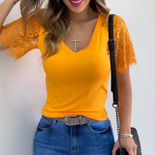 Load image into Gallery viewer, Fashion Sexy Embroidery Lace Short Sleeve Shirt Spring Summer O-Neck Blouse Shirts Solid Casual Women Tops Blusa Streetwear 5XL
