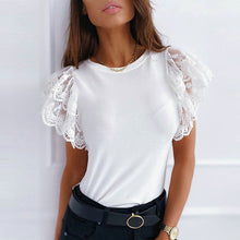 Load image into Gallery viewer, Fashion Sexy Embroidery Lace Short Sleeve Shirt Spring Summer O-Neck Blouse Shirts Solid Casual Women Tops Blusa Streetwear 5XL
