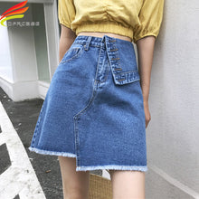 Load image into Gallery viewer, Spring Summer 2020 High Waist Denim A Line Mini Skirt Street Style Irregular Fashion Design Tassel Denim Skirts For Women
