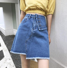 Load image into Gallery viewer, Spring Summer 2020 High Waist Denim A Line Mini Skirt Street Style Irregular Fashion Design Tassel Denim Skirts For Women
