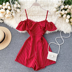 Fashion Summer Stripe Jumpsuits Women Slim Spaghetti Ruffles Sleeved Shorts Playsutis Female Beach Wear Romper Overalls Mujer