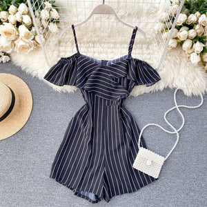 Fashion Summer Stripe Jumpsuits Women Slim Spaghetti Ruffles Sleeved Shorts Playsutis Female Beach Wear Romper Overalls Mujer
