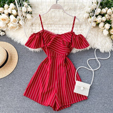 Load image into Gallery viewer, Fashion Summer Stripe Jumpsuits Women Slim Spaghetti Ruffles Sleeved Shorts Playsutis Female Beach Wear Romper Overalls Mujer
