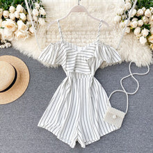 Load image into Gallery viewer, Fashion Summer Stripe Jumpsuits Women Slim Spaghetti Ruffles Sleeved Shorts Playsutis Female Beach Wear Romper Overalls Mujer
