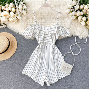 Fashion Summer Stripe Jumpsuits Women Slim Spaghetti Ruffles Sleeved Shorts Playsutis Female Beach Wear Romper Overalls Mujer