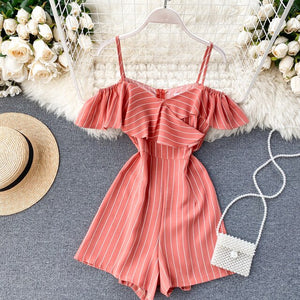 Fashion Summer Stripe Jumpsuits Women Slim Spaghetti Ruffles Sleeved Shorts Playsutis Female Beach Wear Romper Overalls Mujer