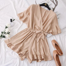 Load image into Gallery viewer, Rompers Women Solid V-neck Lace-up Bow Ruffles Simple Elegant High Quality Leisure Casual Summer Playsuits Womens Fashion Trendy
