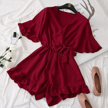 Load image into Gallery viewer, Rompers Women Solid V-neck Lace-up Bow Ruffles Simple Elegant High Quality Leisure Casual Summer Playsuits Womens Fashion Trendy
