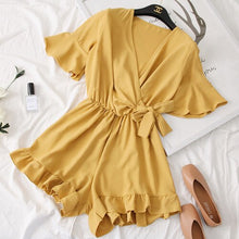 Load image into Gallery viewer, Rompers Women Solid V-neck Lace-up Bow Ruffles Simple Elegant High Quality Leisure Casual Summer Playsuits Womens Fashion Trendy
