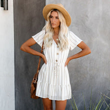 Load image into Gallery viewer, Foridol Casual Stripe Chiffon Dress Summer Women Button Sash Eegant Office Ladies Short Dress Beach Holiday Dress vestidos
