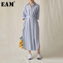 Load image into Gallery viewer, [EAM] Women Blue Brief Bandage Big Size Long Shirt Dress New Lapel Three-quarter Sleeve Loose Fashion Spring Summer 2020 1U899
