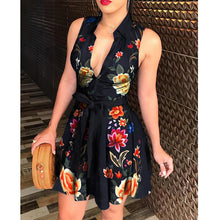 Load image into Gallery viewer, 2020 New Fashion Floral Print Women Summer Dress Sleeveless V-Neck Tie Waist Shirt Dress
