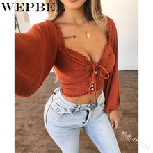 Load image into Gallery viewer, WEPBEL Women's Blouses V-Neck Puff Sleeve Sexy Solid Color Casual Lace Long Sleeve Ladies Blouse Shirts
