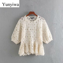 Load image into Gallery viewer, New Women Sexy Hollow Out Knitted Casual Blouse Shirts Women O Neck Short Sleeve Lace Crochet Femininas Blusas Chic Tops

