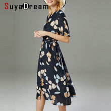 Load image into Gallery viewer, SuyaDream Woman Floral Beach Dress 100%Silk V neck Elegant Shirt Dress Women 2020 Summer Sash Midi Dresses Silk Clothes Vestidos

