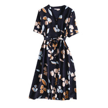 Load image into Gallery viewer, SuyaDream Woman Floral Beach Dress 100%Silk V neck Elegant Shirt Dress Women 2020 Summer Sash Midi Dresses Silk Clothes Vestidos
