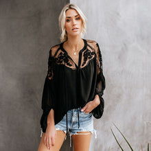 Load image into Gallery viewer, Fanco Ladies Boho Mesh Lace Hook Flower Lantern Sleeve Loose Short Chiffon Blouse Shirts Women Fashion Casual Blouses
