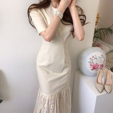 Load image into Gallery viewer, Elegant Women Short sleeve Dresses 2020 Summer Round neck Korean Slim Waist Hem Lace Stitching Fishtail Dress Long Ladies BW389
