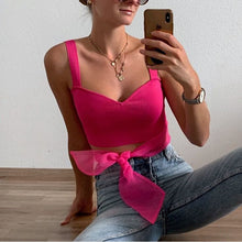 Load image into Gallery viewer, Pink Backless Knitted Short Blouse shirt Women Sexy V-neck Bow Slim Sling Top Shirt Feminine Summer Holiday Tops Blouse 2020
