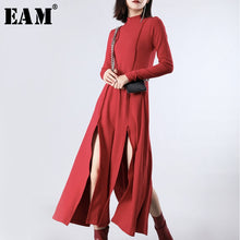Load image into Gallery viewer, [EAM] Women Red Vent Split Joint Long Temperament Dress New Turtleneck Long Sleeve Loose Fit Fashion Spring Summer 2020 JZ343
