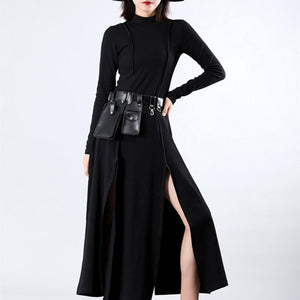 [EAM] Women Red Vent Split Joint Long Temperament Dress New Turtleneck Long Sleeve Loose Fit Fashion Spring Summer 2020 JZ343