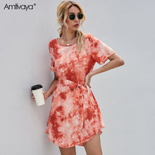 Load image into Gallery viewer, Amtivaya Girl Gradient Tie-Dye Dress Short Sleeve Waist Straps And Knee Skirts Print Fashion Casuals Women 2020 Summer Clothing
