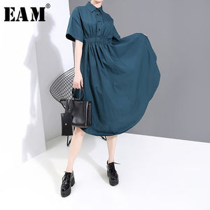 [EAM] Women Blue Pleated Sttich Irregular Shirt Dress New Lapel Short Sleeve Loose Fit Fashion Tide Spring Summer 2020 1W340